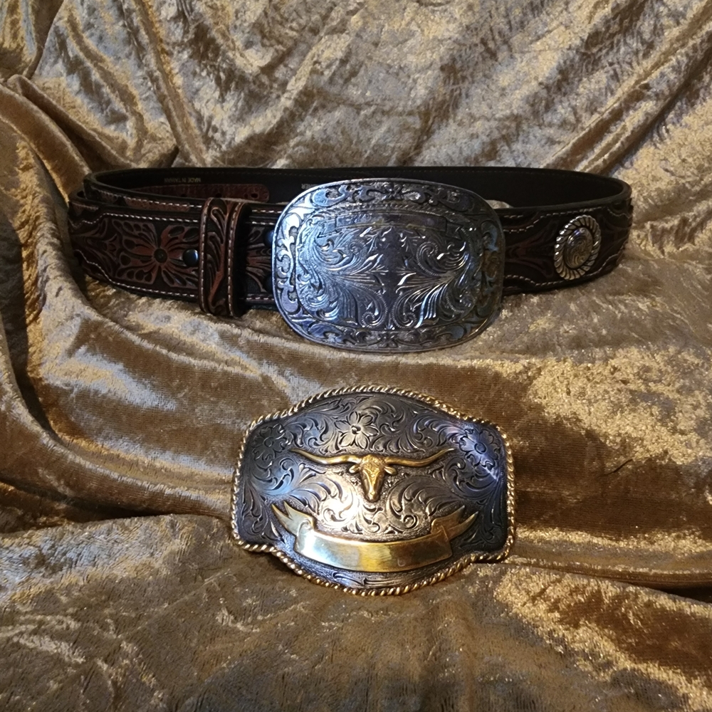 Silver and Brown Western Belt with Buckle